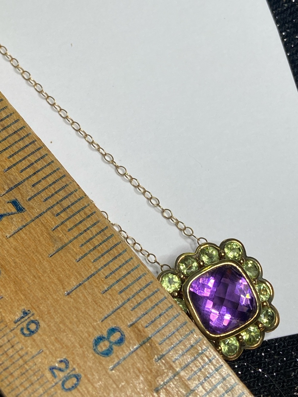 925 Gold Peridot Amethyst Pendant on 16” 585 Yellow Gold Vintage Chain Beautiful - Picture 4 of 12